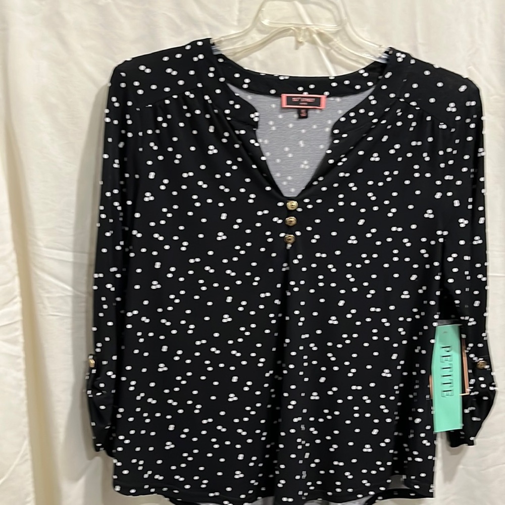 Women blouse by 50th Street petite size pxl black wihite Polkadots